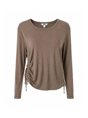 Joy Lab Taupe Ribbed Ruched Long Sleeve Top Women’s Large Minimalist
